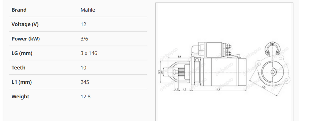 For FORD STARTER MOTOR 12 V - 3.6 kW - 10 Z MAHLE