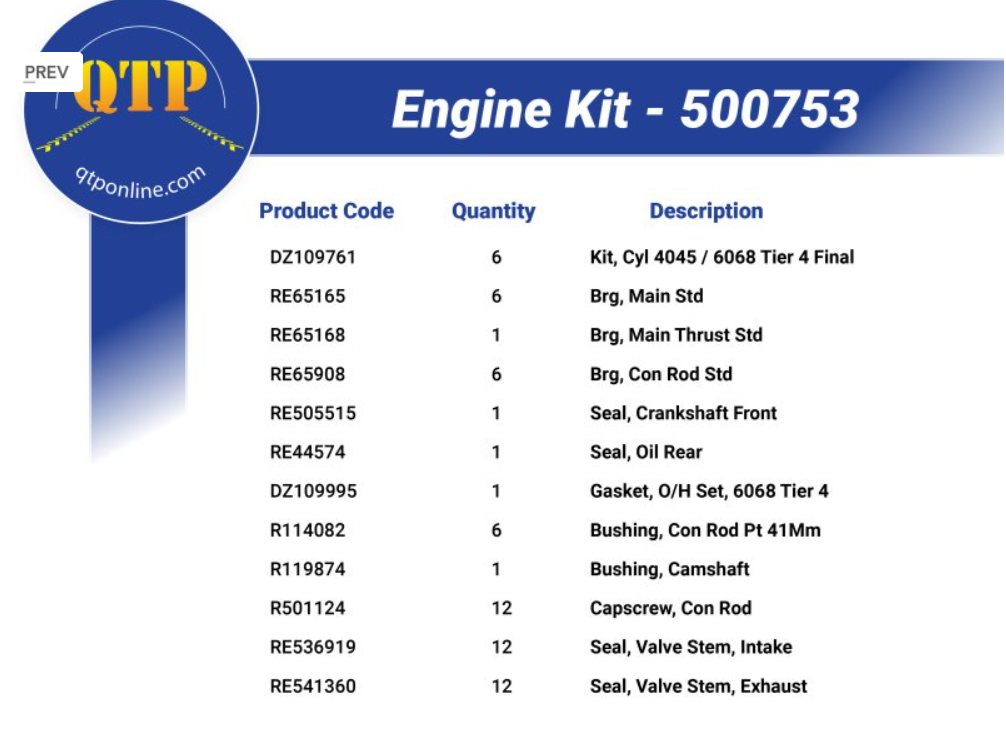 For JOHN DEERE ENGINE KIT ( STANDARD POWERTECH) 6068 6145R 62150R 6150RH 6155R 6170R 6195R 6215R 