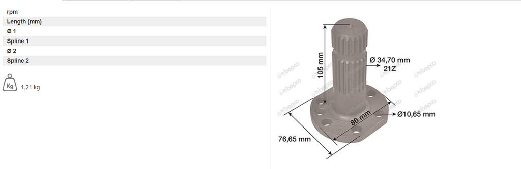 Massey Ferguson 5400, 6100, 6200, 6400 Bolt On PTO Shaft 1000 RPM 21 Spline